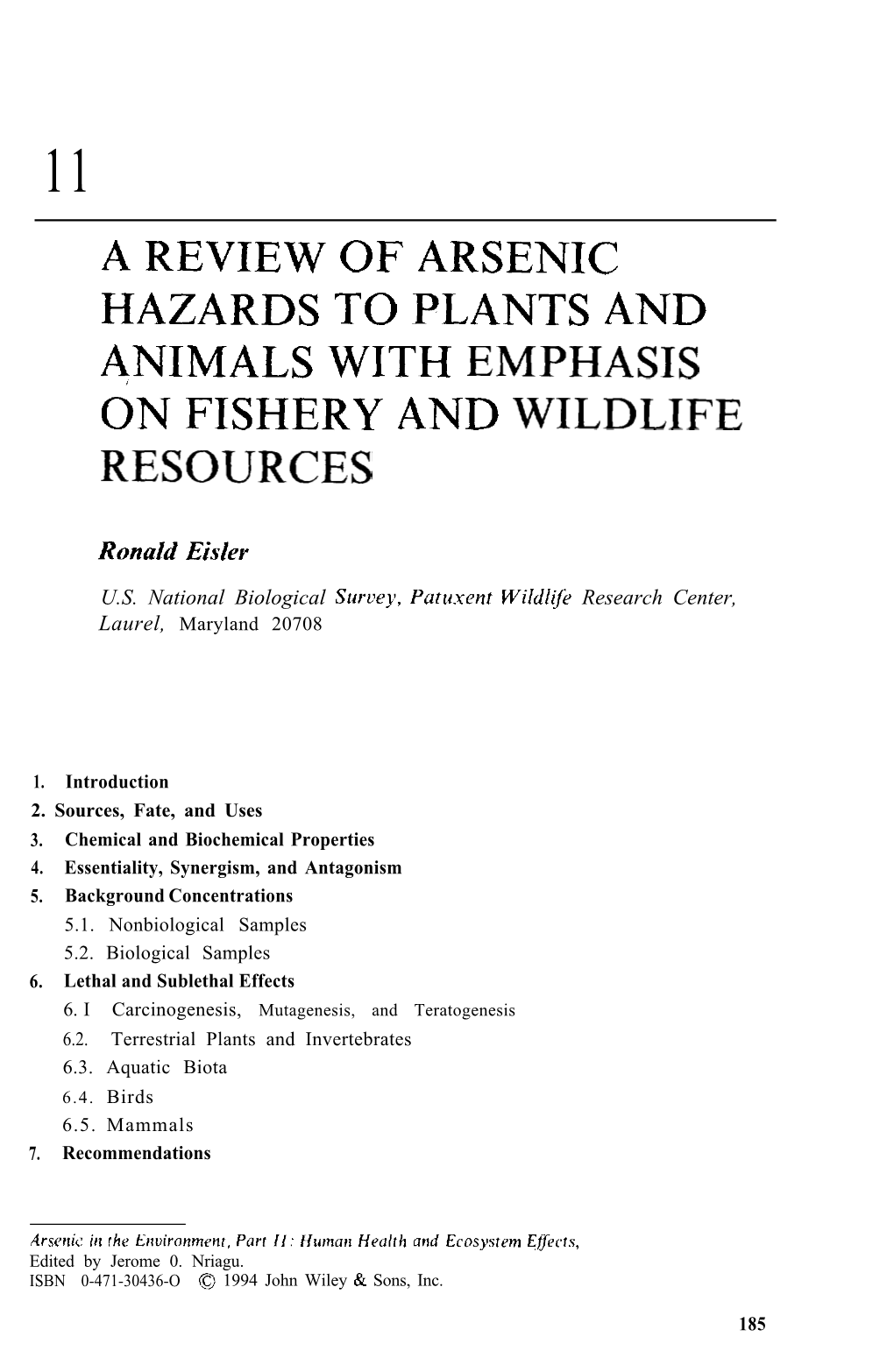 A Review of Arsenic Hazards to Plants and Animals with Emphasis on Fishery and Wildlife Resources