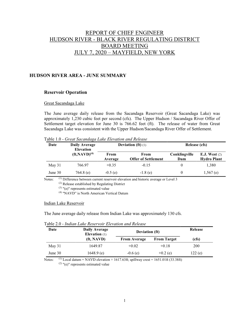 Report of Chief Engineer Hudson River - Black River Regulating District Board Meeting July 7, 2020 – Mayfield, New York