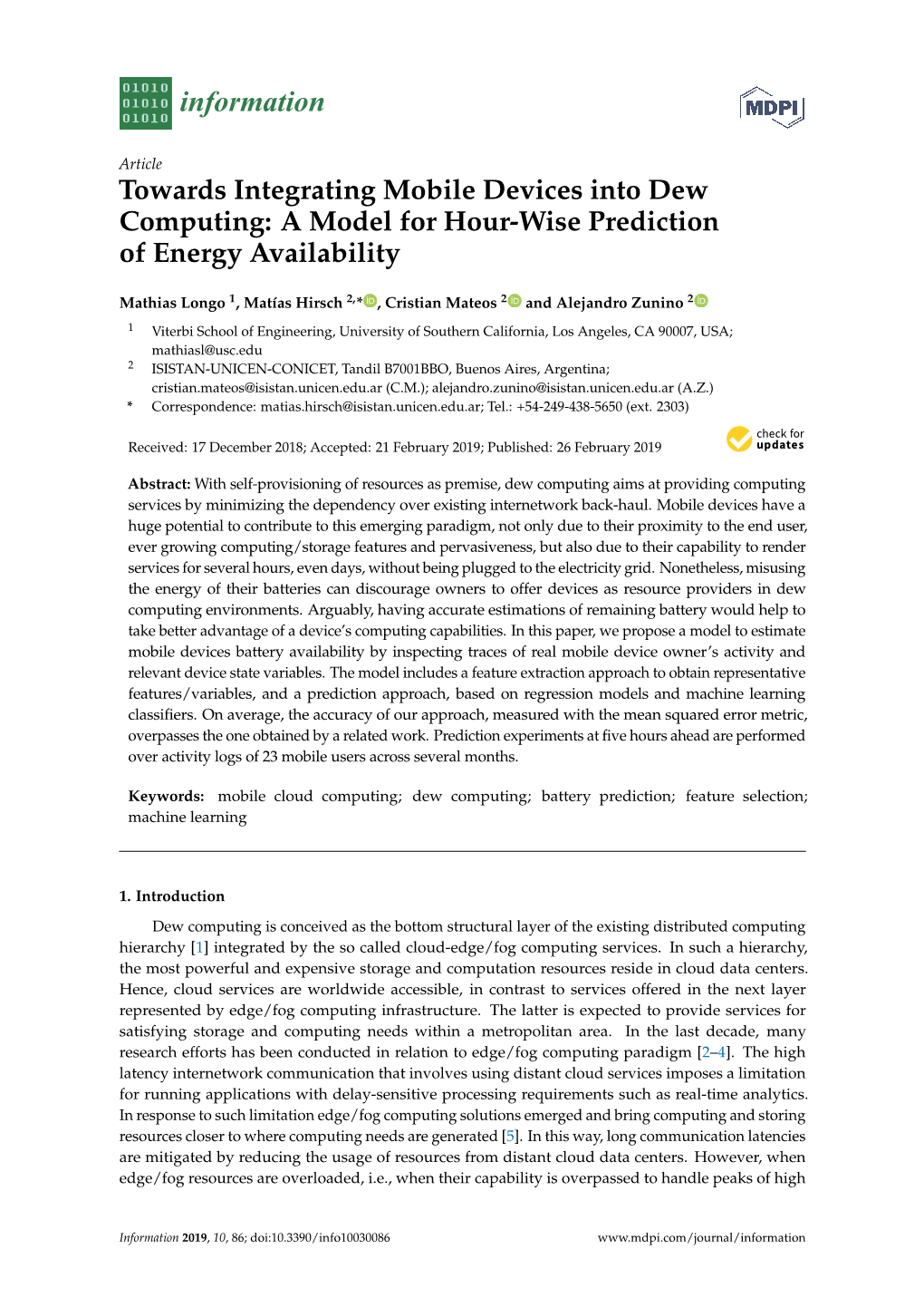 Towards Integrating Mobile Devices Into Dew Computing: a Model for Hour-Wise Prediction of Energy Availability