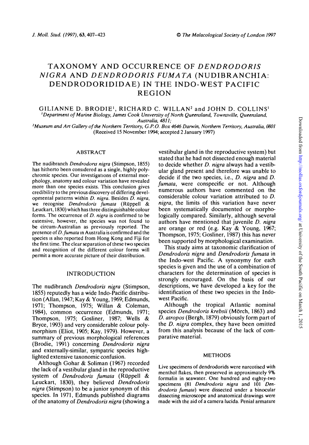 Taxonomy and Occurrence of Dendrodoris Nigra and Dendrodoris Fumata (Nudibranchia: Dendrodorididae) in the Indo-West Pacific Region