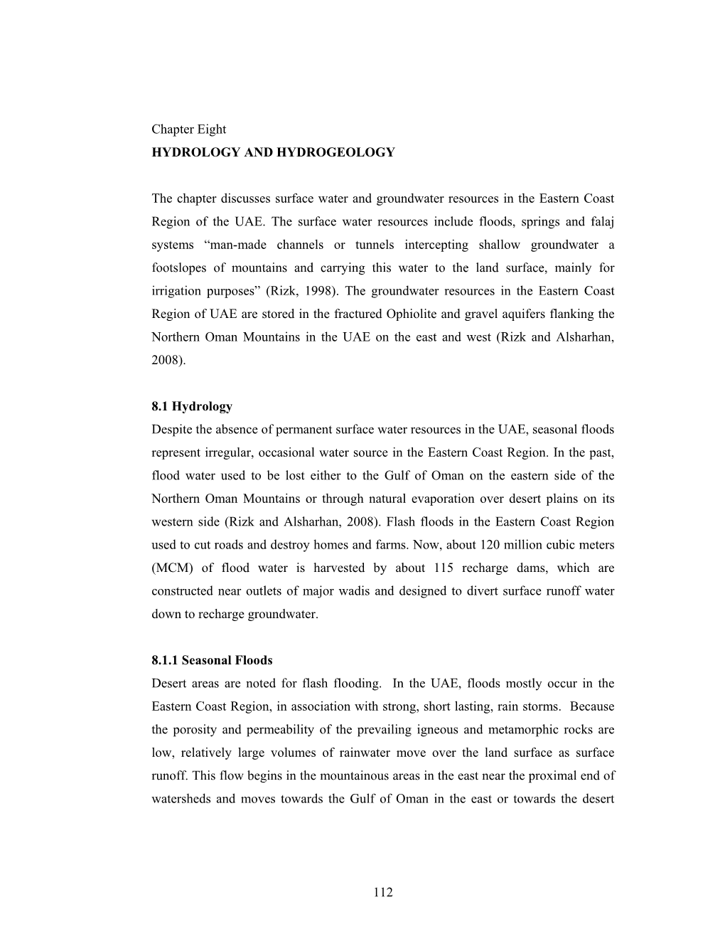 112 Chapter Eight HYDROLOGY and HYDROGEOLOGY the Chapter