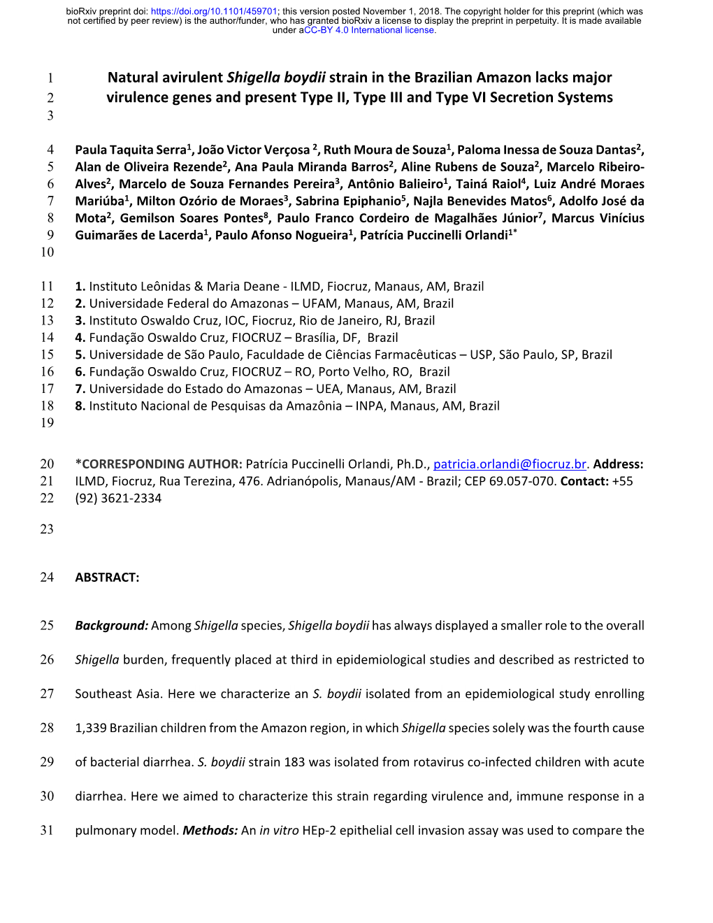 Natural Avirulent Shigella Boydii Strain in the Brazilian Amazon Lacks Major 2 Virulence Genes and Present Type II, Type III and Type VI Secretion Systems 3