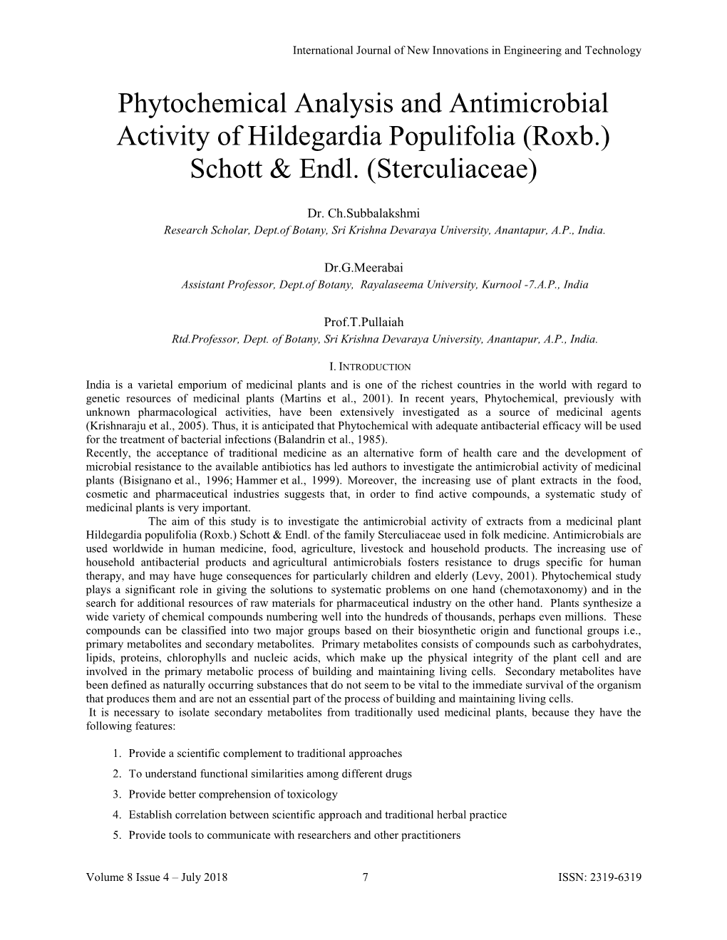 Phytochemical Analysis and Antimicrobial Activity of Hildegardia Populifolia (Roxb.) Schott & Endl