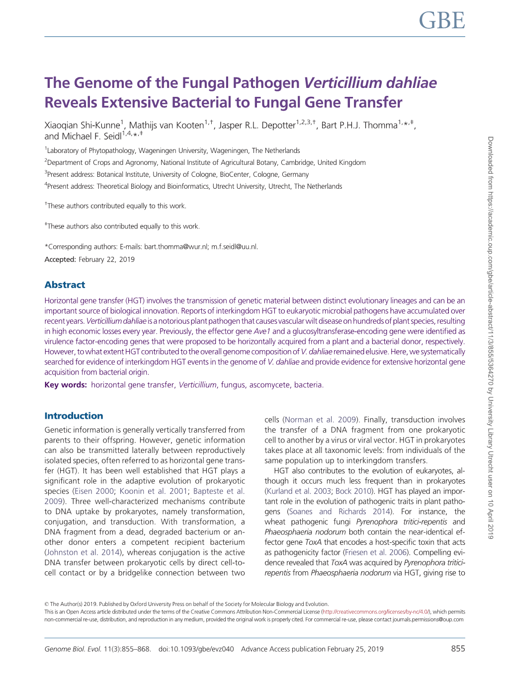 The Genome of the Fungal Pathogen Verticillium Dahliae Reveals Extensive Bacterial to Fungal Gene Transfer