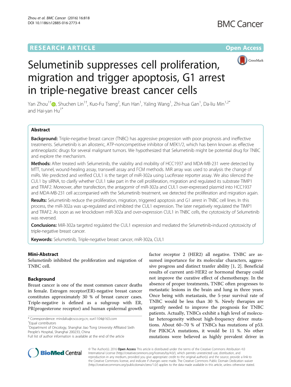 Selumetinib Suppresses Cell Proliferation, Migration and Trigger Apoptosis, G1 Arrest in Triple-Negative Breast Cancer Cells