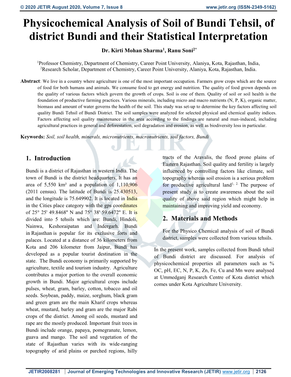 Physicochemical Analysis of Soil of Bundi Tehsil, of District Bundi and Their Statistical Interpretation Dr