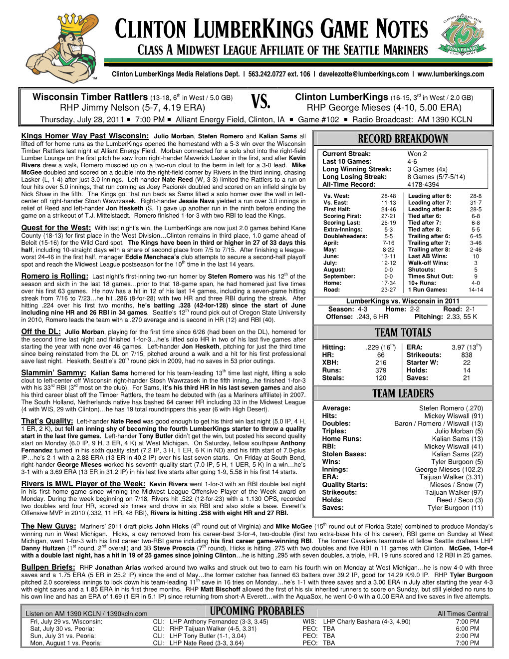 Clinton Lumberkings Game Notes Class a Midwest League Affiliate of the Seattle Mariners