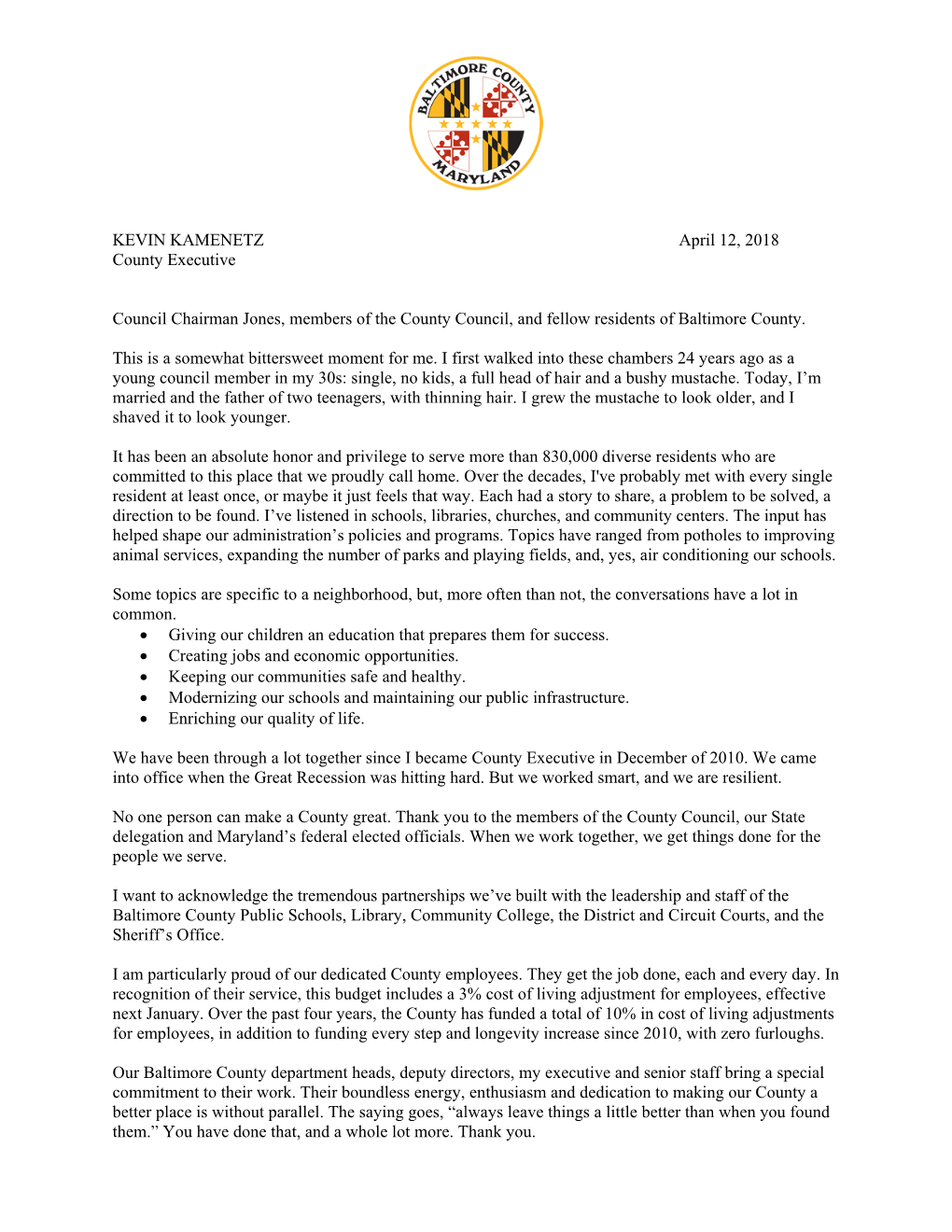 KEVIN KAMENETZ April 12, 2018 County Executive Council