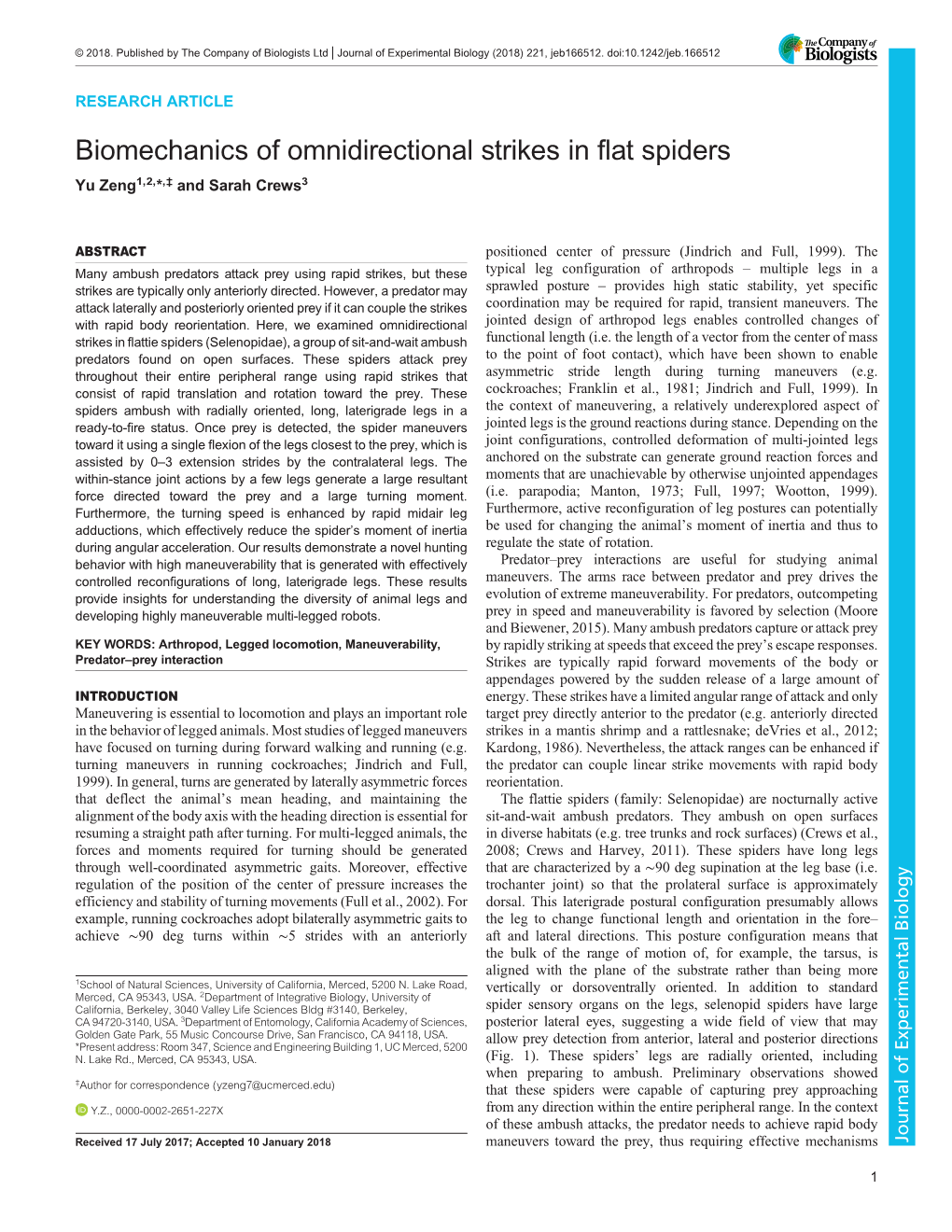 Biomechanics of Omnidirectional Strikes in Flat Spiders Yu Zeng1,2,*,‡ and Sarah Crews3