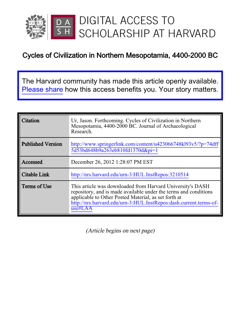 Cycles of Civilization in Northern Mesopotamia, 4400-2000 BC the Harvard Community Has Made This Article Openly Available. Pleas