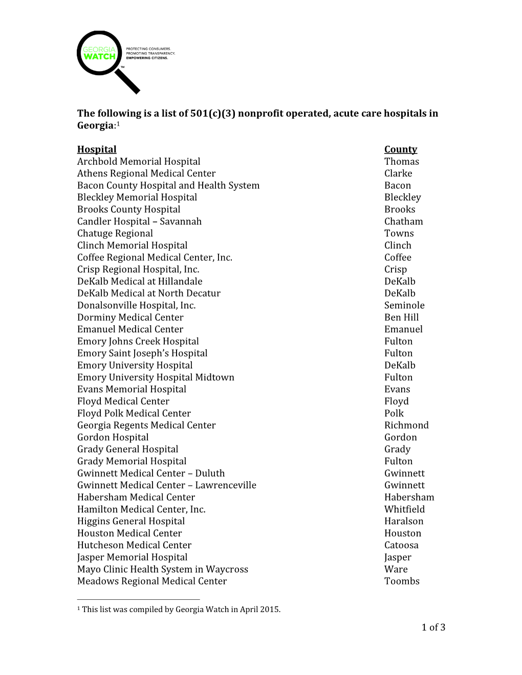 The Following Is a List of 501(C)(3) Nonprofit Operated, Acute Care Hospitals in Georgia:1