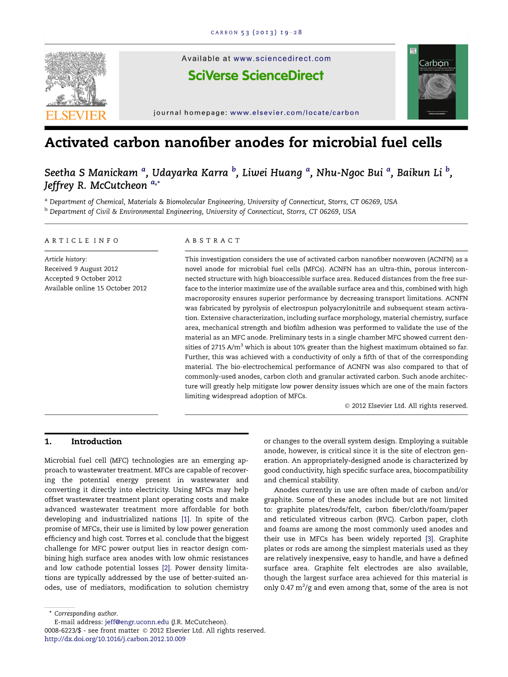 Activated Carbon Nanofiber Anodes for Microbial Fuel Cells