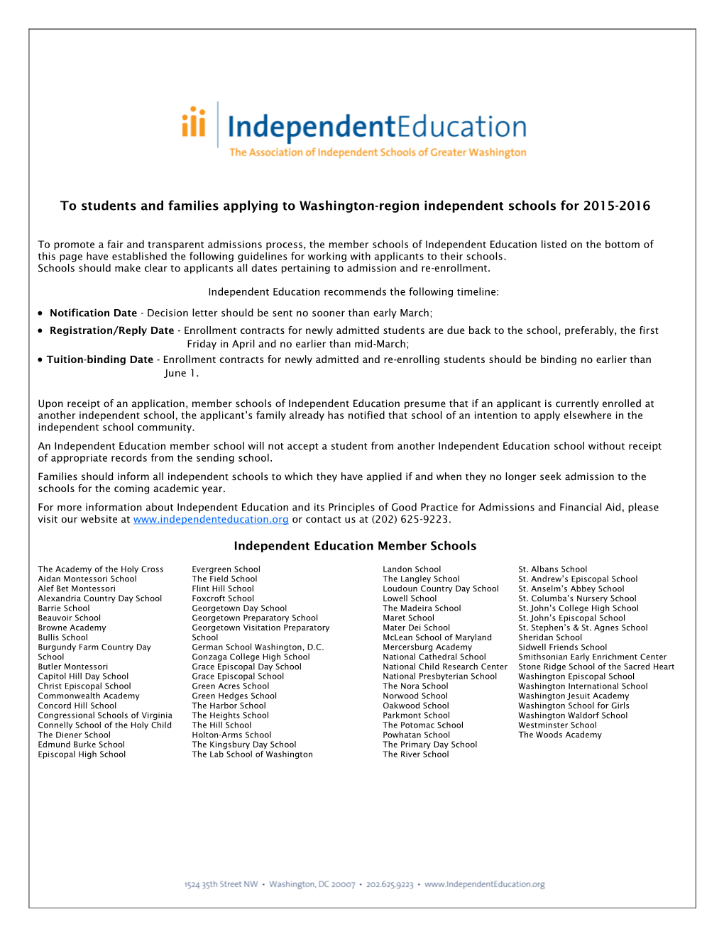 To Students and Families Applying to Washington-Region Independent Schools for 2015-2016
