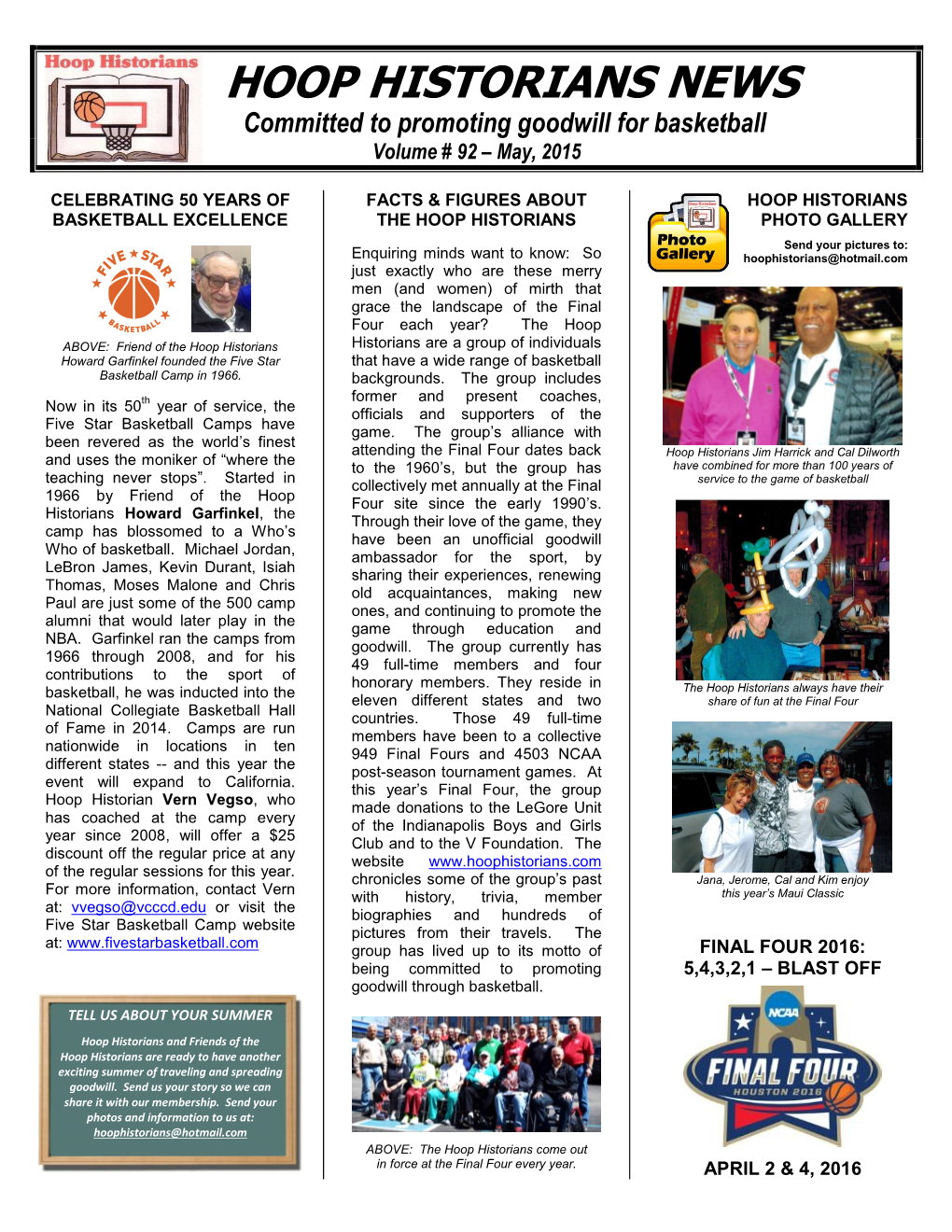 HOOP HISTORIANS NEWS Committed to Promoting Goodwill for Basketball Volume # 92 – May, 2015