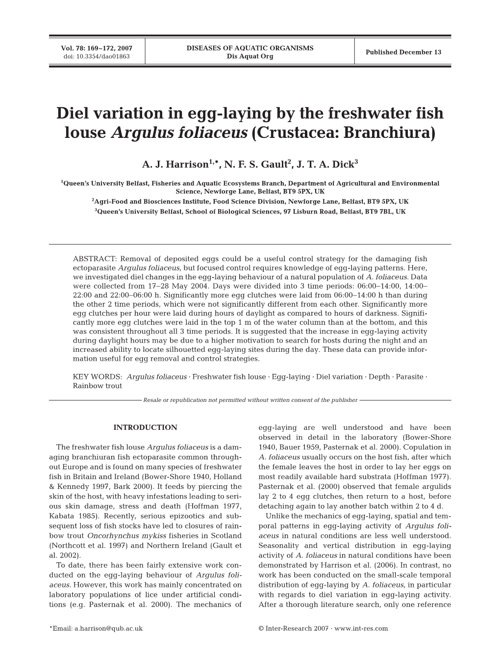 Diel Variation in Egg-Laying by the Freshwater Fish Louse Argulus Foliaceus (Crustacea: Branchiura)
