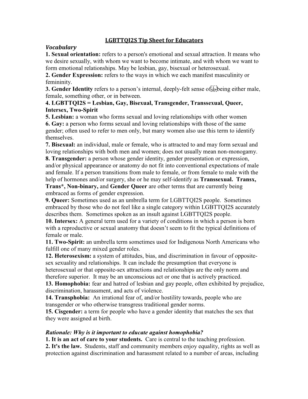 LGBTTQI2S Tip Sheet for Educators Vocabulary 1