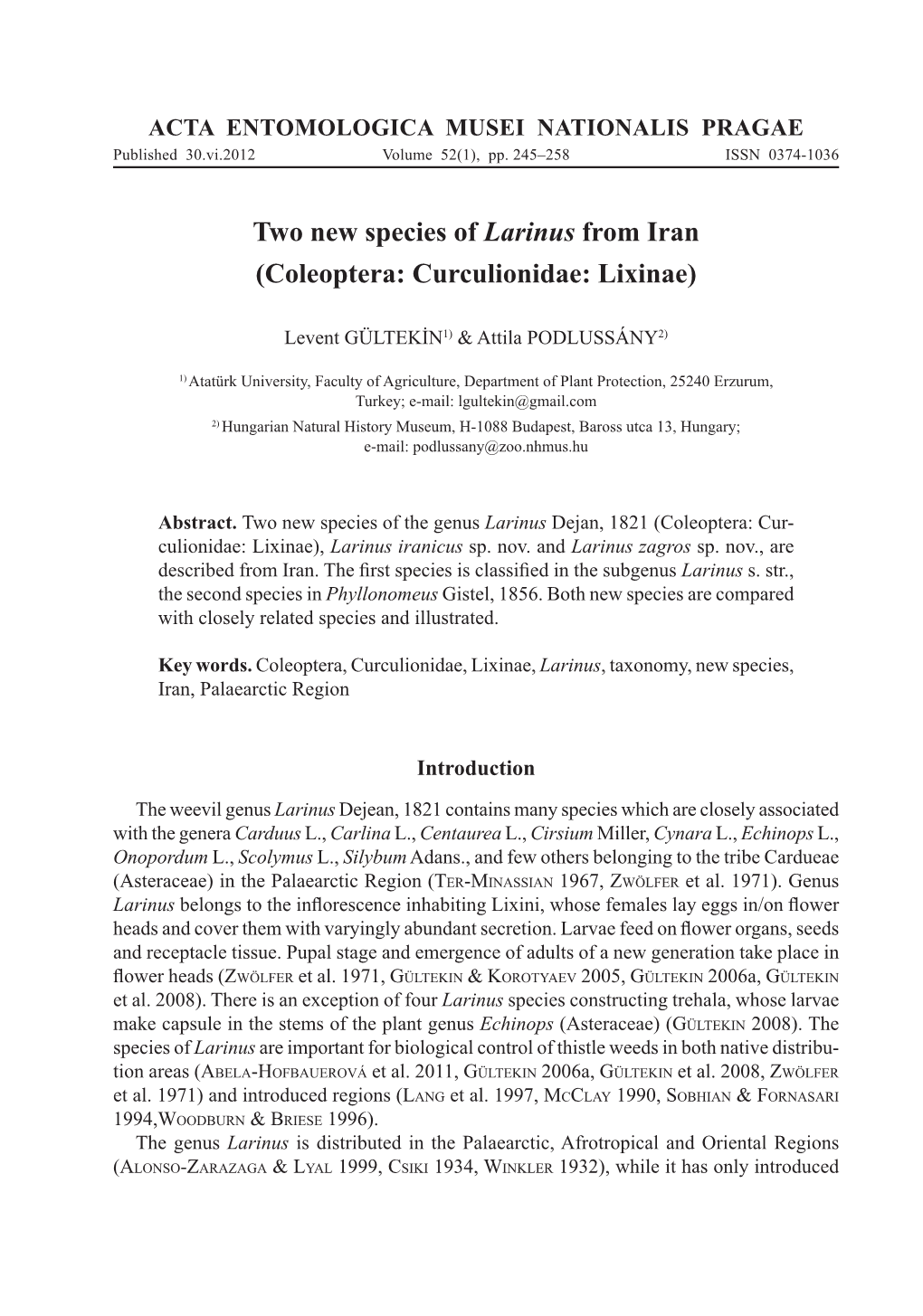 Two New Species of Larinus from Iran (Coleoptera: Curculionidae: Lixinae)