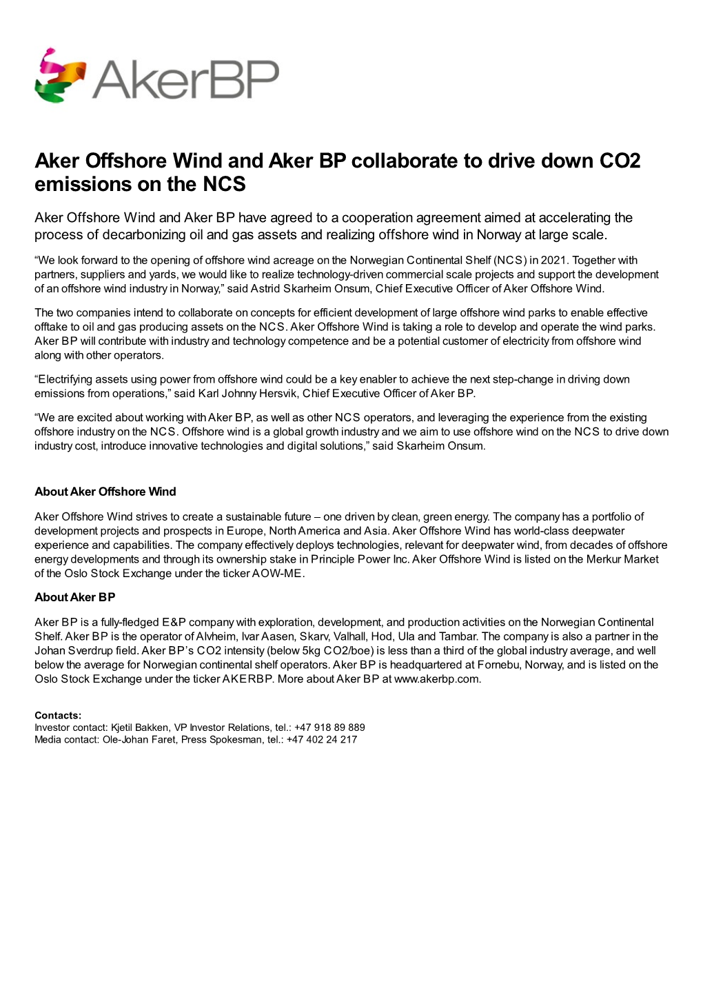 Aker Offshore Wind and Aker BP Collaborate to Drive Down CO2