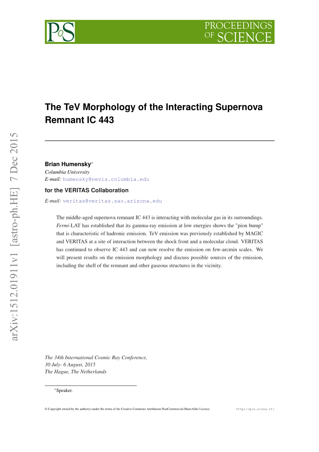 The Tev Morphology of the Interacting Supernova Remnant IC 443