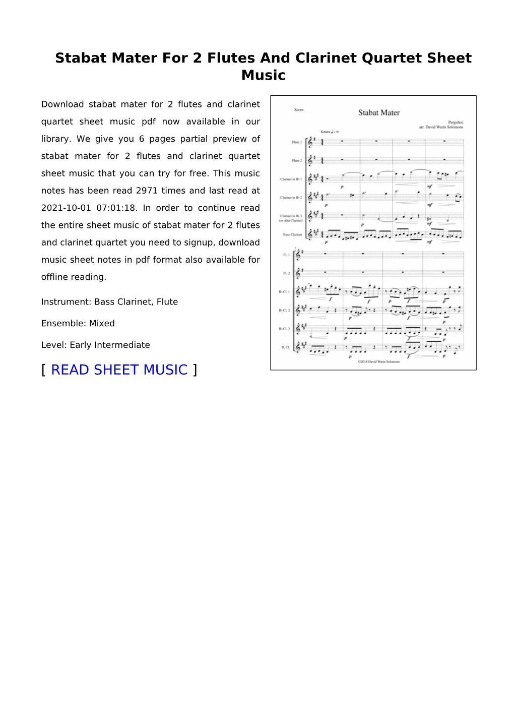 Stabat Mater for 2 Flutes and Clarinet Quartet Sheet Music