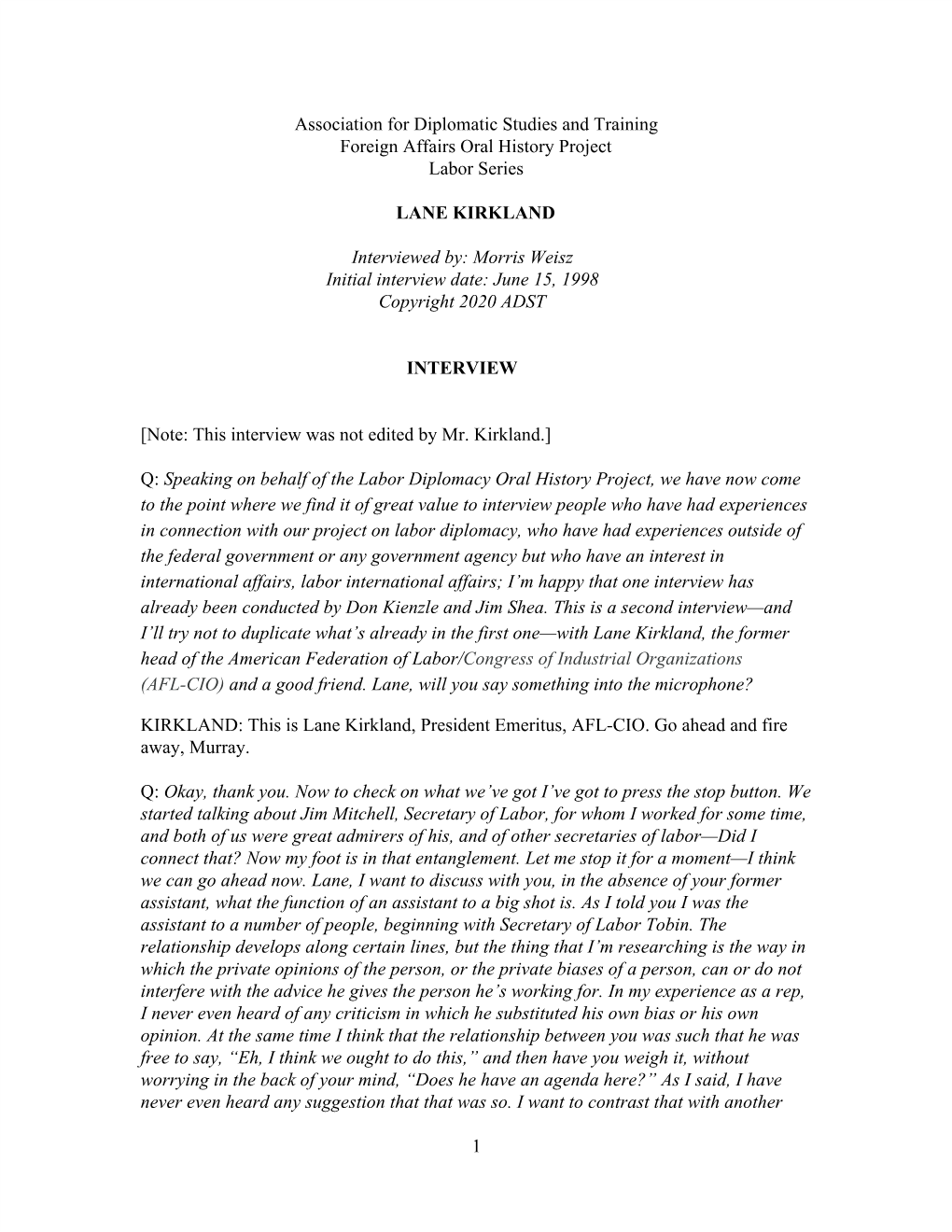 Association for Diplomatic Studies and Training Foreign Affairs Oral History Project Labor Series