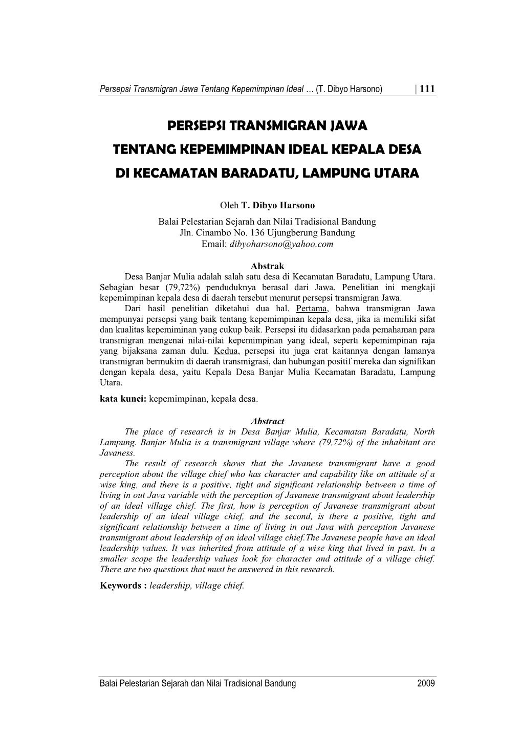Persepsi Transmigran Jawa Tentang Kepemimpinan Ideal Kepala Desa Di