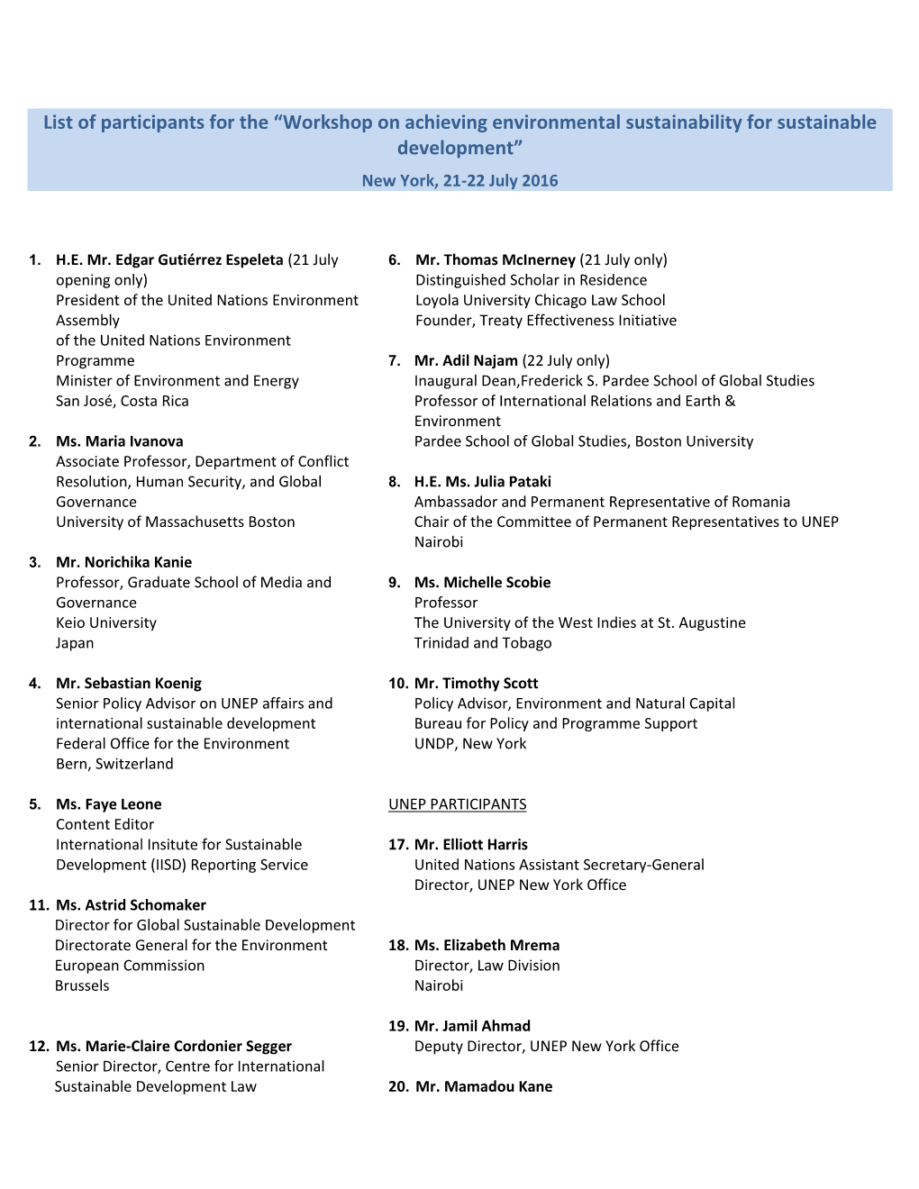 List of Participants for the “Workshop on Achieving Environmental Sustainability for Sustainable Development” New York, 21-22 July 2016