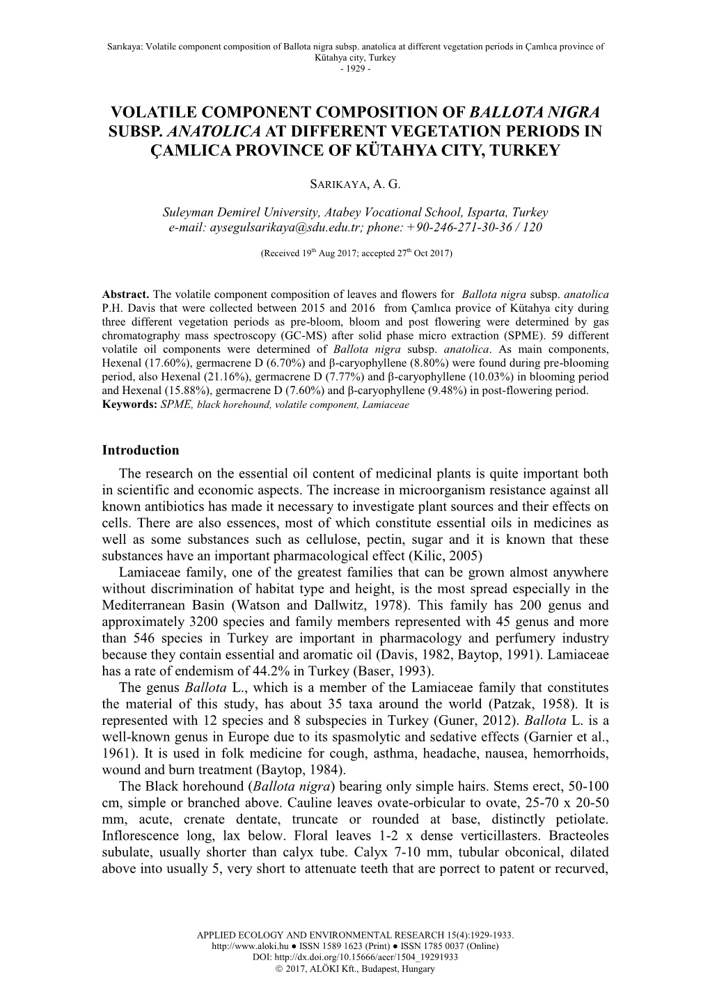 Volatile Component Composition of Ballota Nigra Subsp. Anatolica at Different Vegetation Periods in Çamlica Province of Kütahya City, Turkey