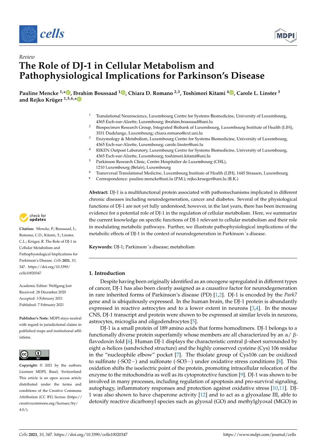 The Role of DJ-1 in Cellular Metabolism and Pathophysiological Implications for Parkinson’S Disease