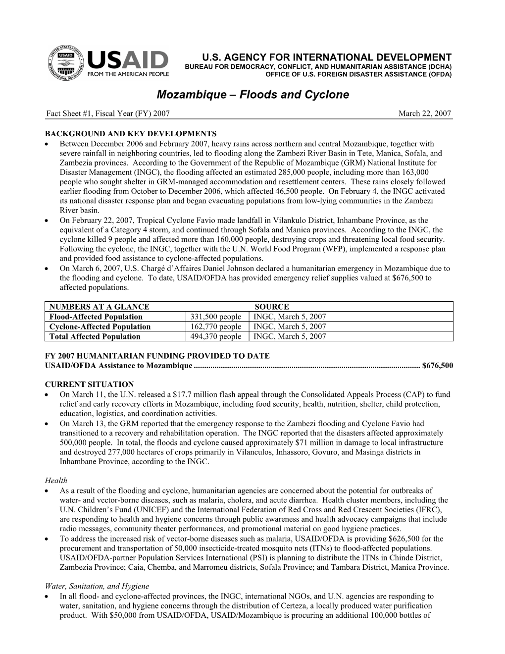 Mozambique Floods and Cyclone Fact Sheet #1