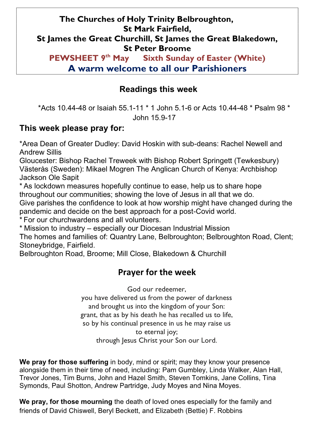 A Warm Welcome to All Our Parishioners Prayer for the Week