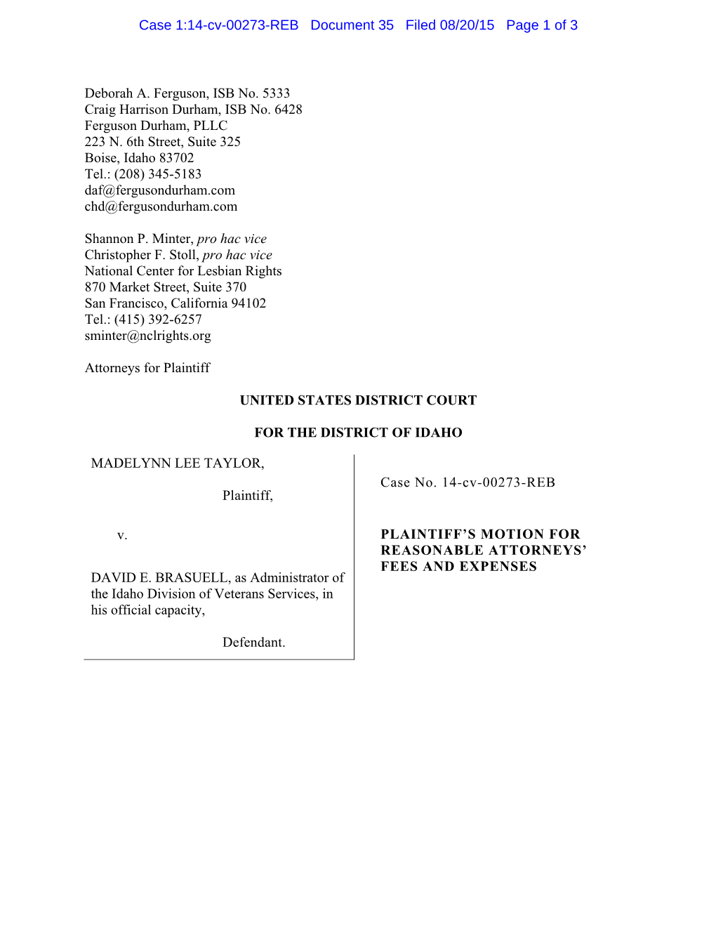 Case 1:14-Cv-00273-REB Document 35 Filed 08/20/15 Page 1 of 3