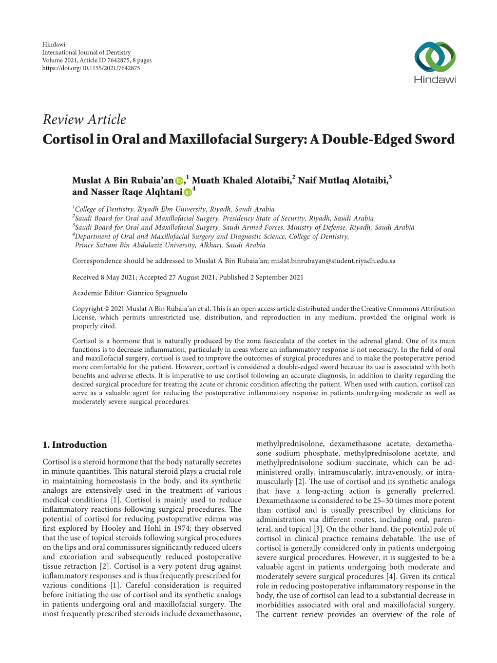 Review Article Cortisol in Oral and Maxillofacial Surgery: a Double-Edged Sword