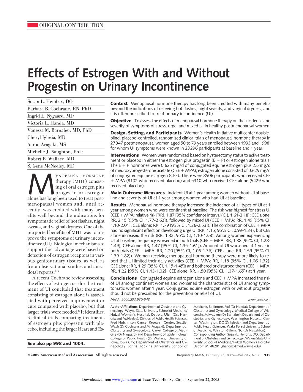 Effects of Estrogen with and Without Progestin on Urinary Incontinence