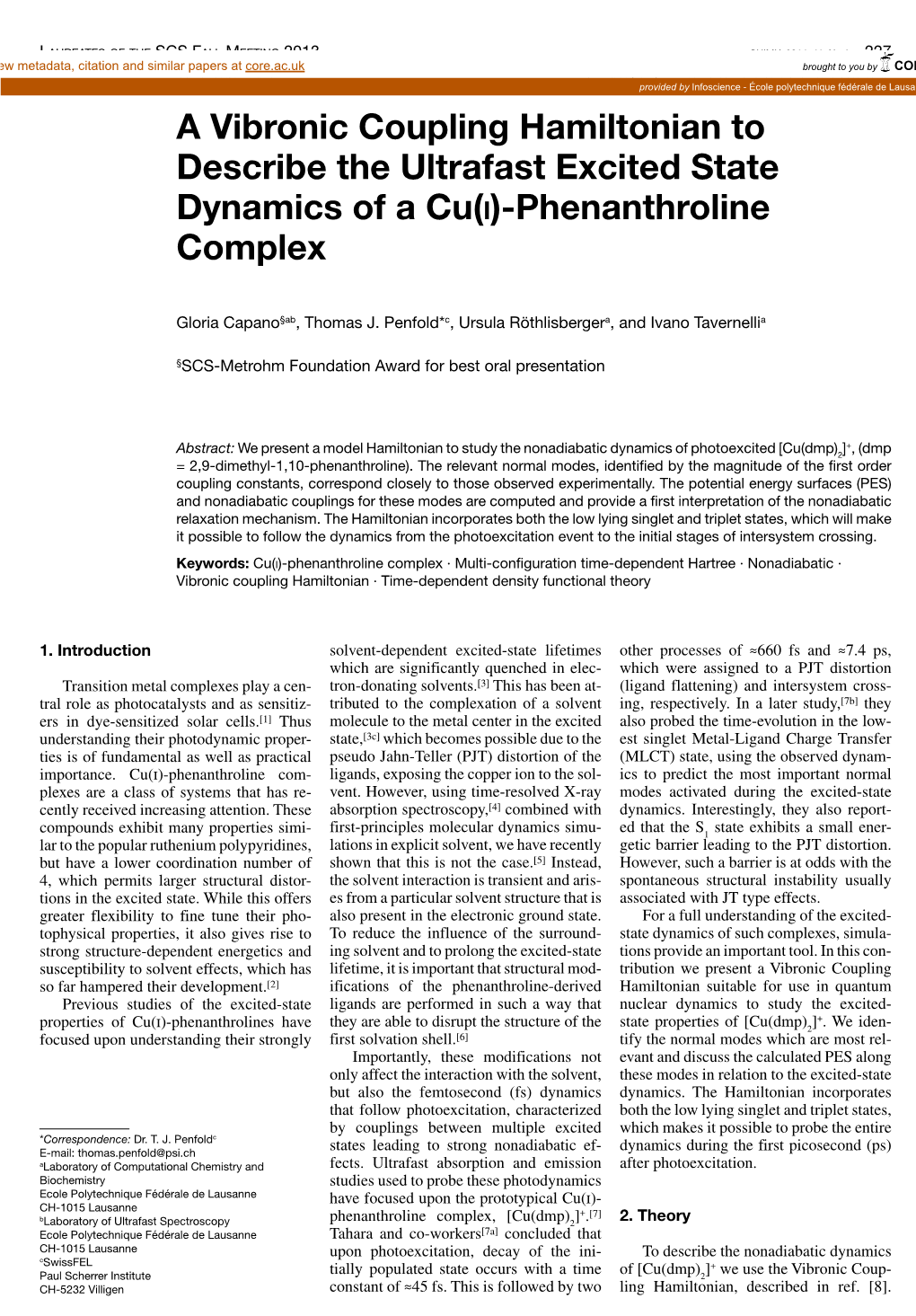 A Vibronic Coupling Hamiltonian to Describe the Ultrafast Excited State Dynamics of a Cu(I)-Phenanthroline Complex