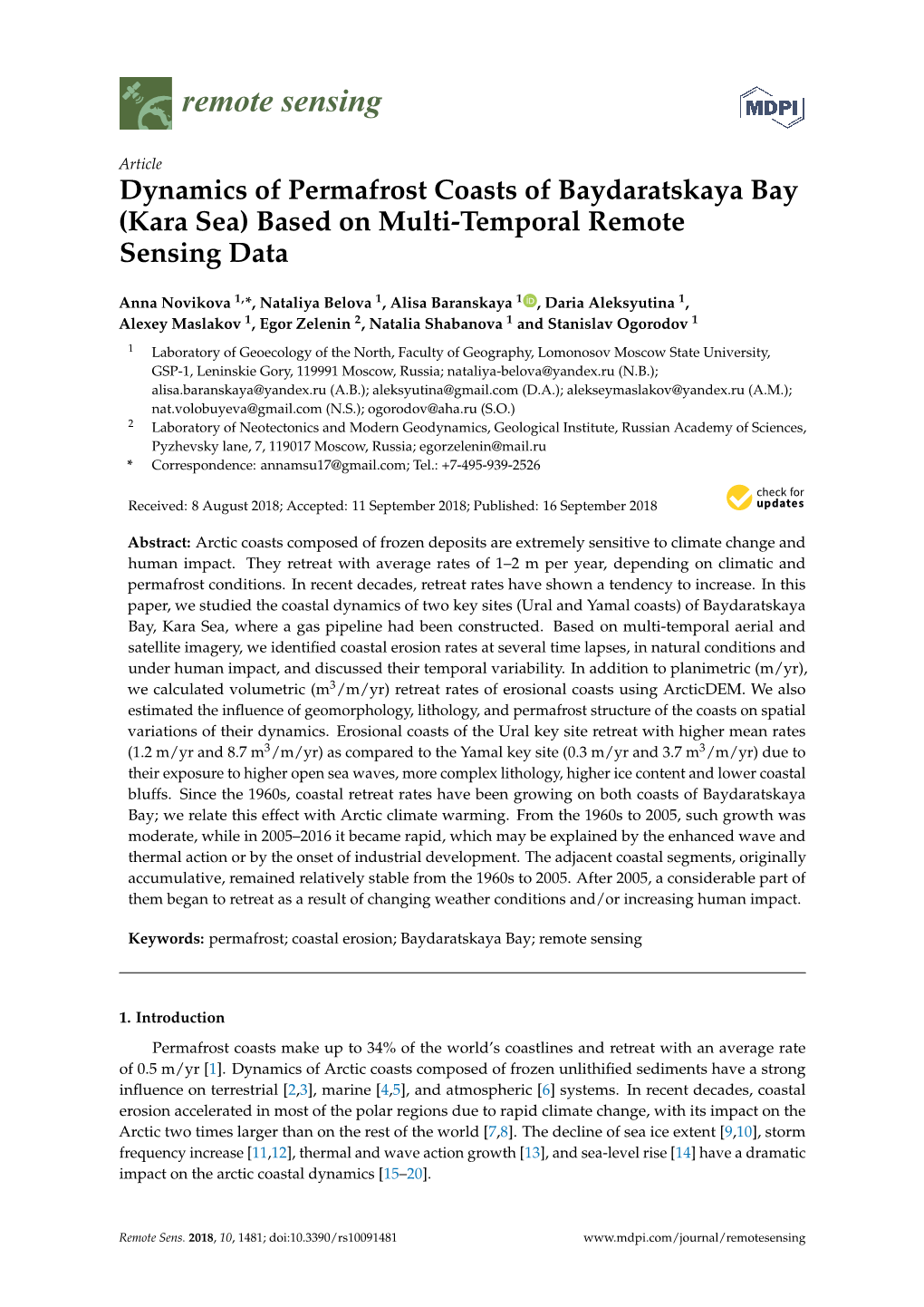 Dynamics of Permafrost Coasts of Baydaratskaya Bay (Kara Sea) Based on Multi-Temporal Remote Sensing Data