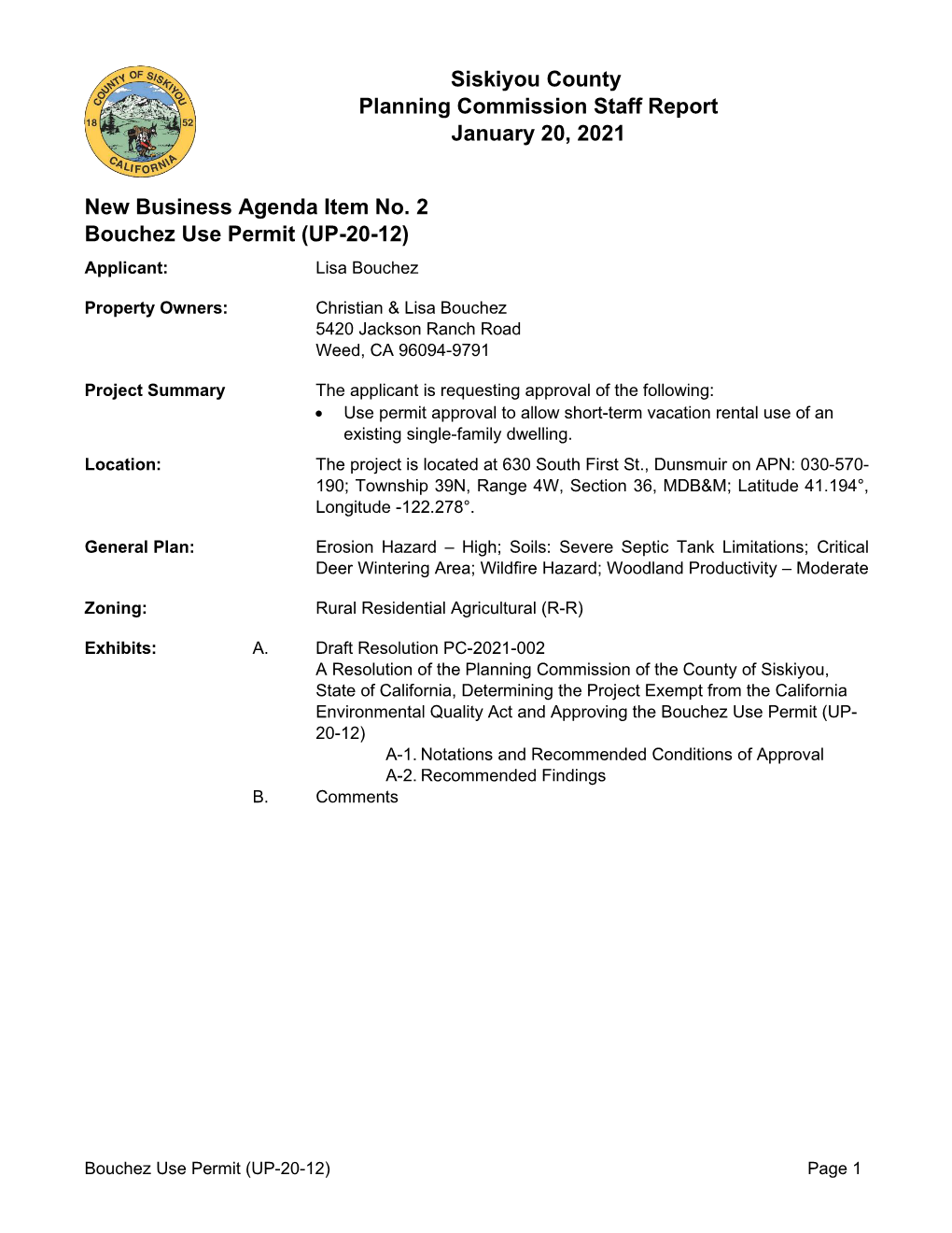 Siskiyou County Planning Commission Staff Report January 20, 2021