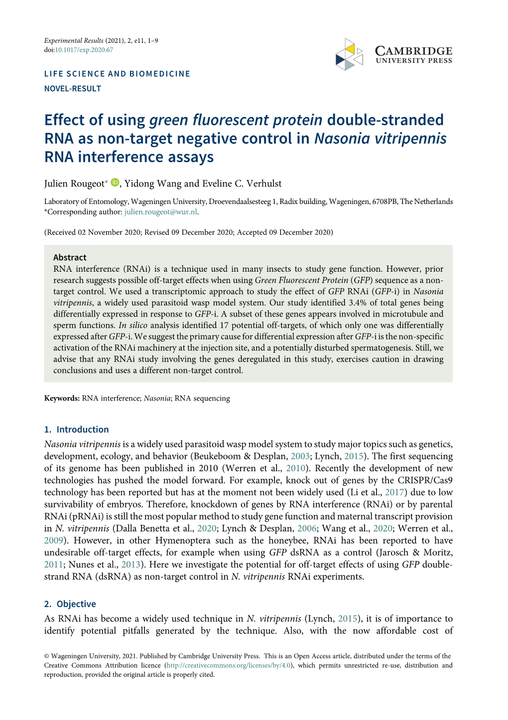 Effect of Using Green Fluorescent Protein Double-Stranded RNA As Non-Target Negative Control in Nasonia Vitripennis RNA Interference Assays