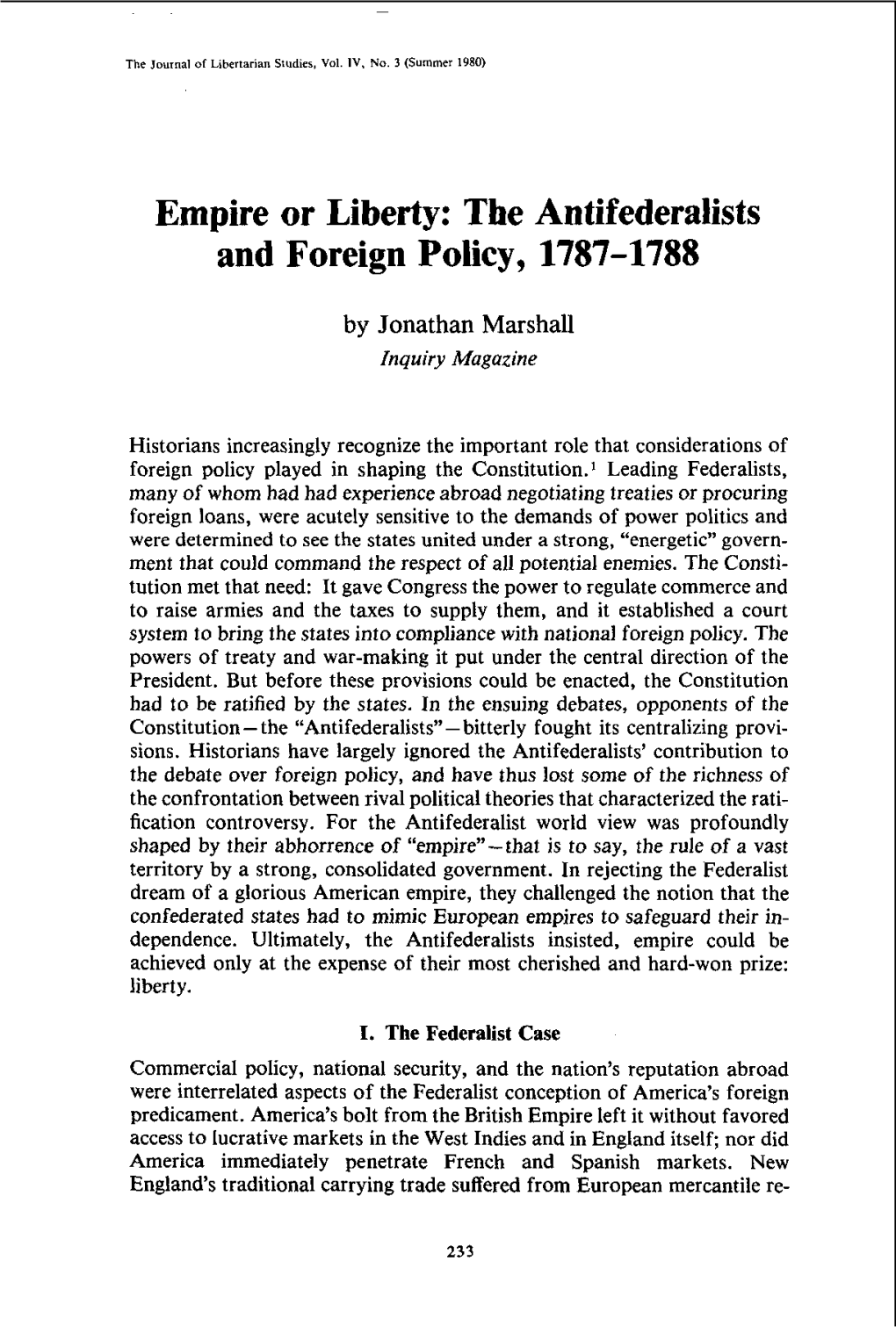 Empire Or Liberty: the Antifederalists and Foreign Policy, 1787-1788