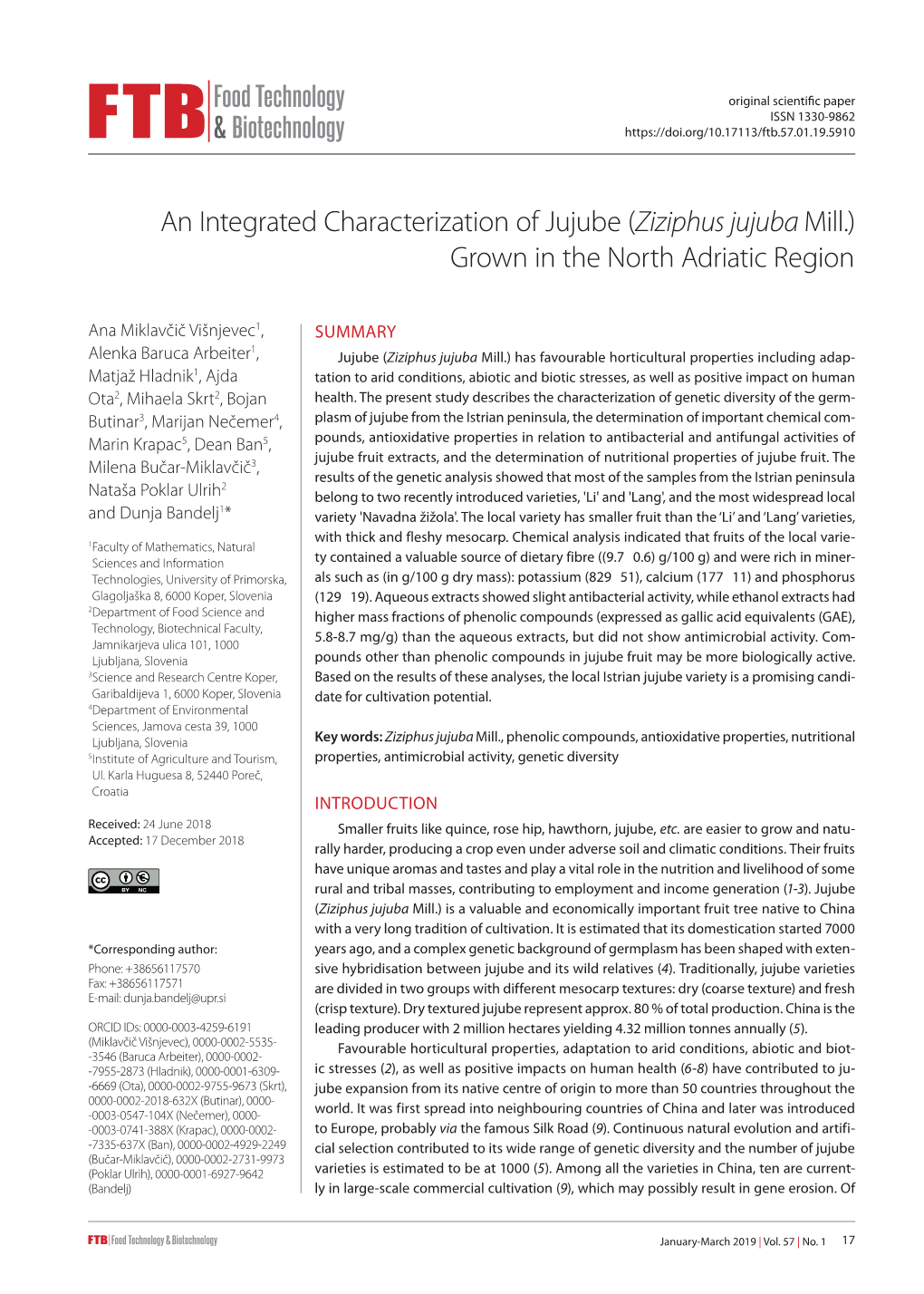 An Integrated Characterization of Jujube (Ziziphus Jujuba Mill.) Grown in the North Adriatic Region