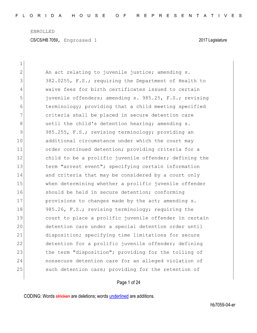 ENROLLED CODING: Words Stricken Are Deletions; Words Underlined Are Additions. Hb7059-04-Er Page 1 of 24 1 an Act Relating to Ju