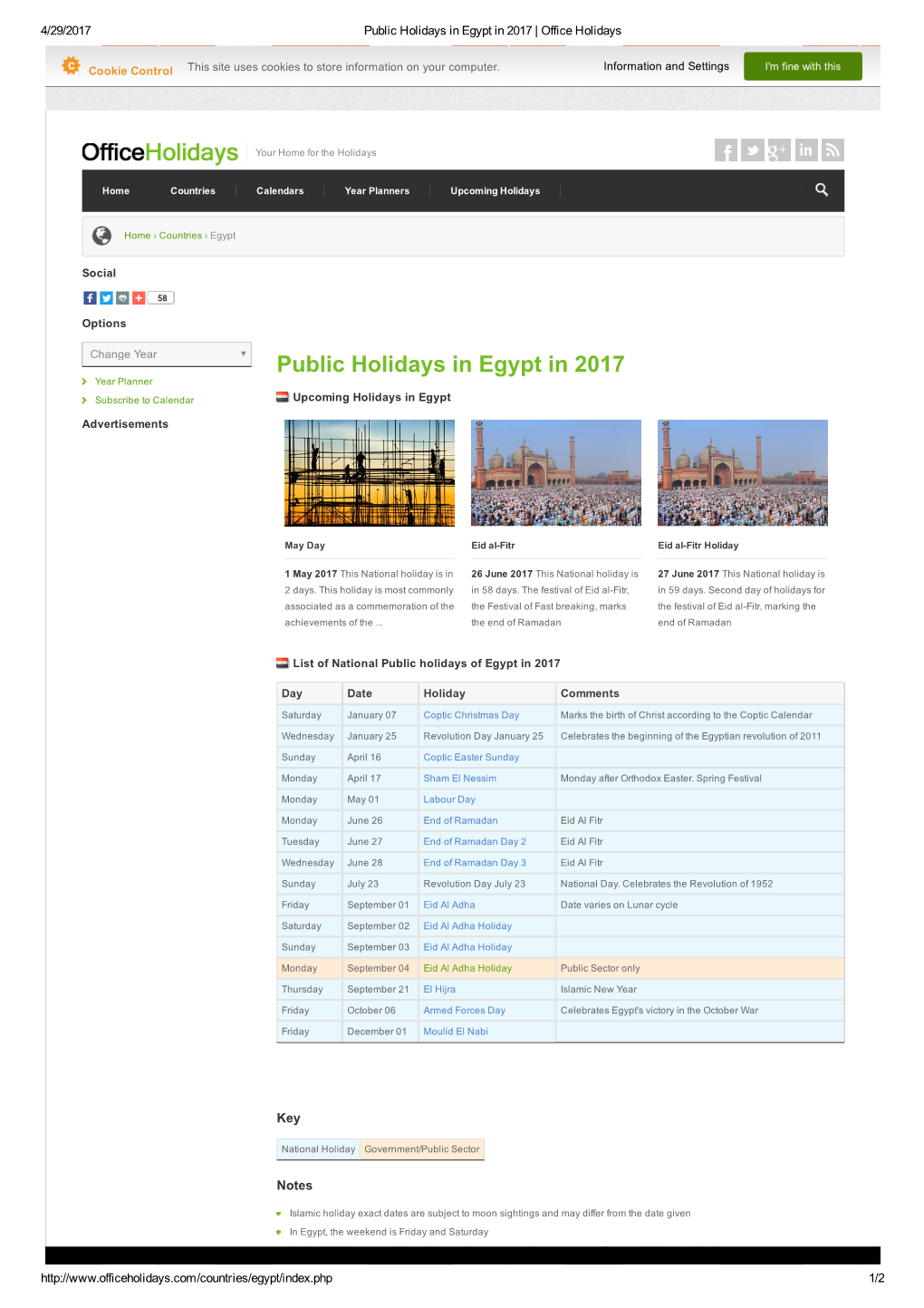 Public Holidays in Egypt in 2017 | Office Holidays