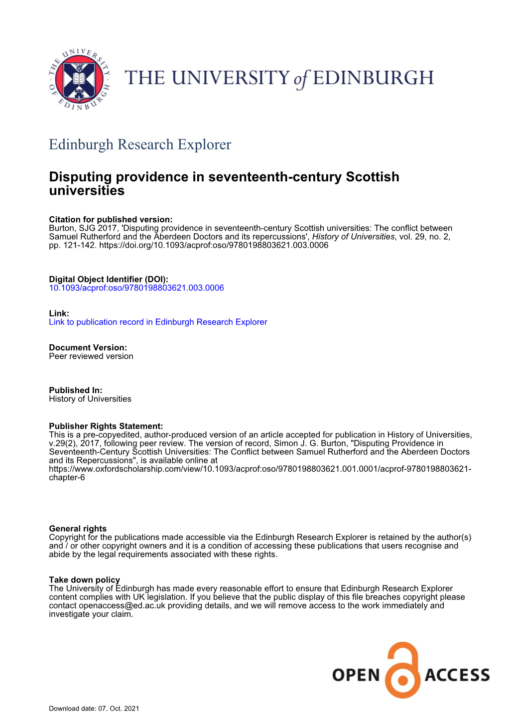 Disputing Providence in Seventeenth-Century Scottish Universities