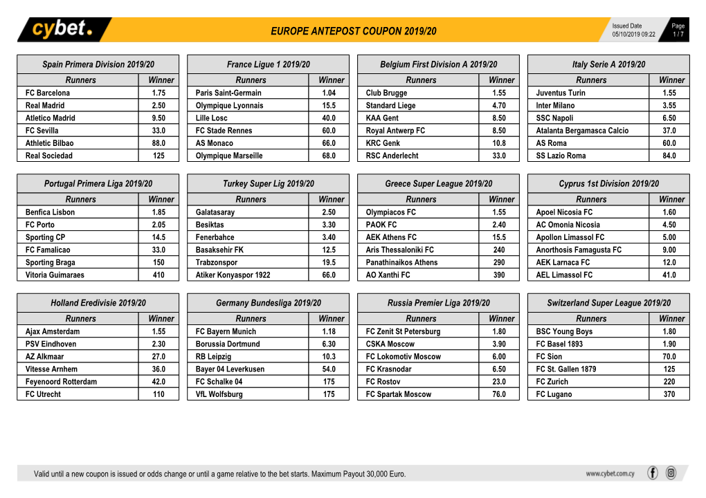 Europe Antepost Coupon 2019/20 05/10/2019 09:22 1 / 7