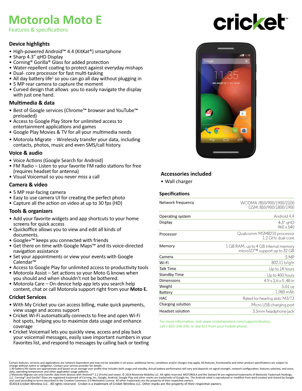 Motorola Moto E Features & Speciﬁcations