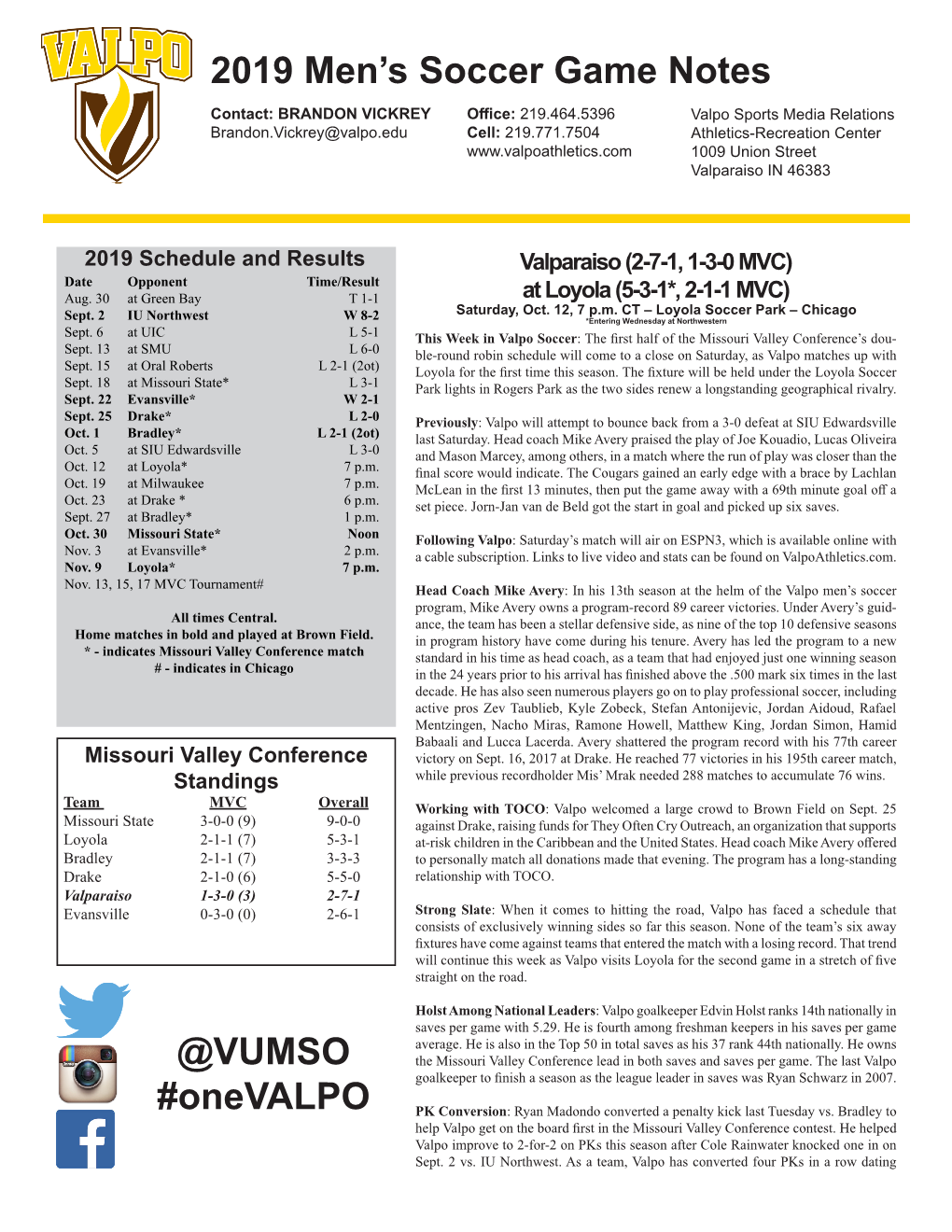 2019 Men's Soccer Game Notes @VUMSO #Onevalpo