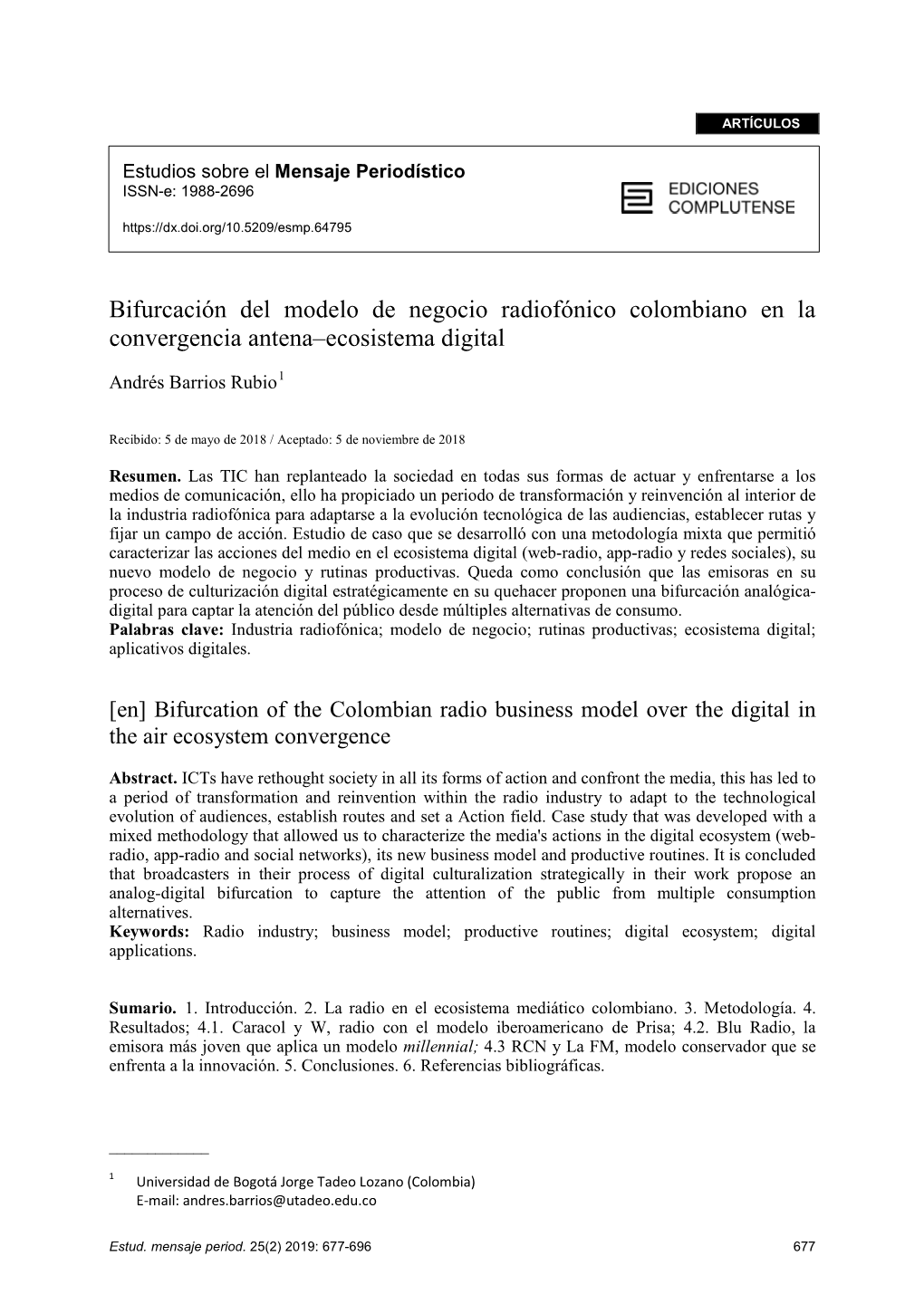 Bifurcación Del Modelo De Negocio Radiofónico Colombiano En La Convergencia Antena–Ecosistema Digital