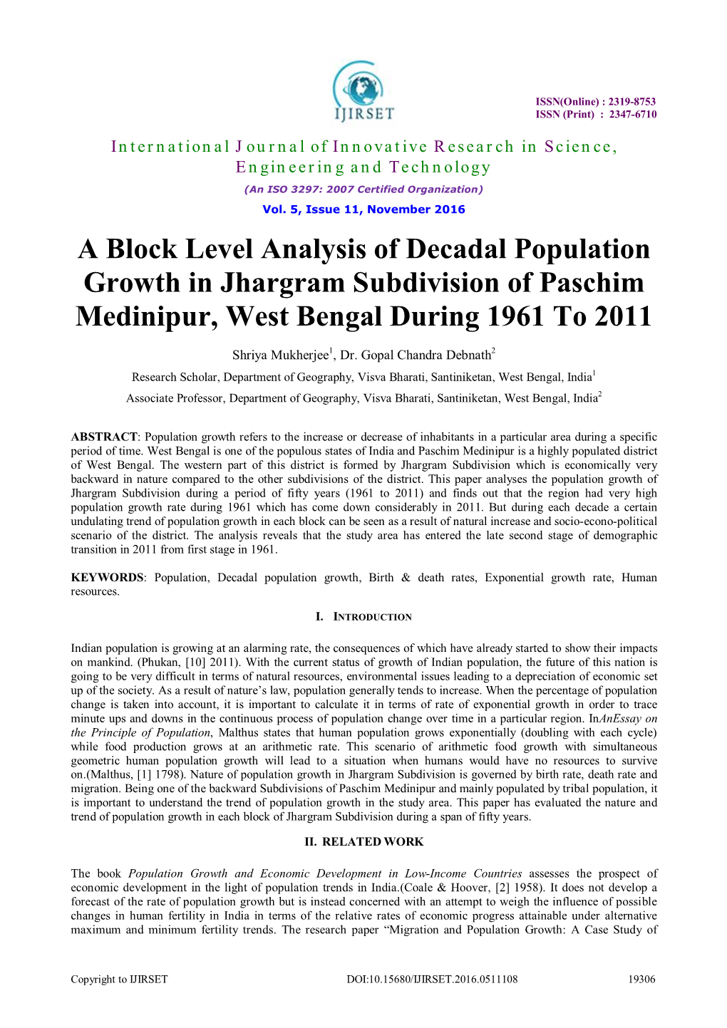 A Block Level Analysis of Decadal Population Growth in Jhargram Subdivision of Paschim Medinipur, West Bengal During 1961 to 2011