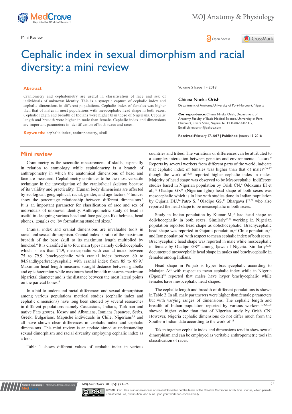 Cephalic Index in Sexual Dimorphism and Racial Diversity: a Mini Review