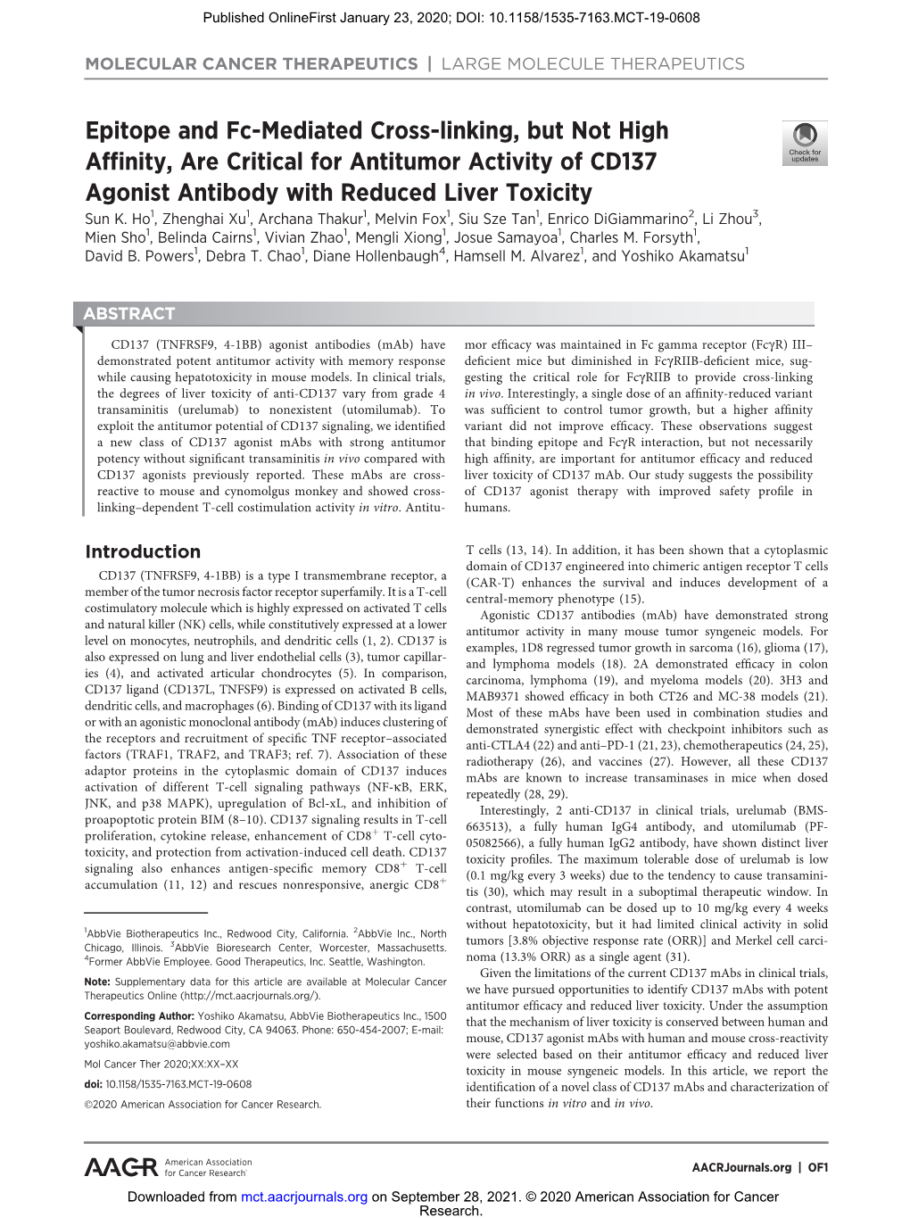 Epitope and Fc-Mediated Cross-Linking, but Not High Affinity, Are Critical for Antitumor Activity of CD137 Agonist Antibody with Reduced Liver Toxicity